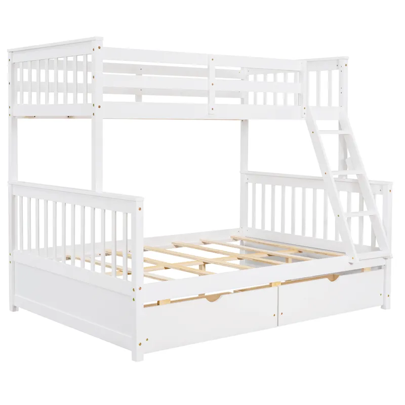 Twin Over Full Bunk Bed With Ladders And Two Storage Drawers - White