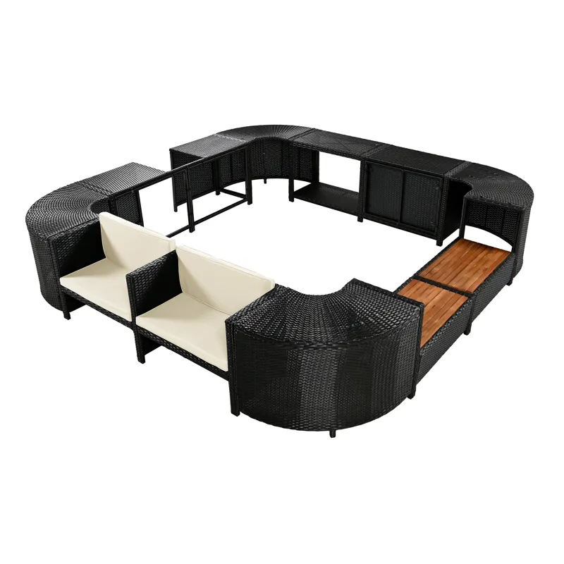 Spa Surround Spa Frame Quadrilateral Outdoor Rattan Sectional Sofa Set With Mini Sofa, Wooden Seats 