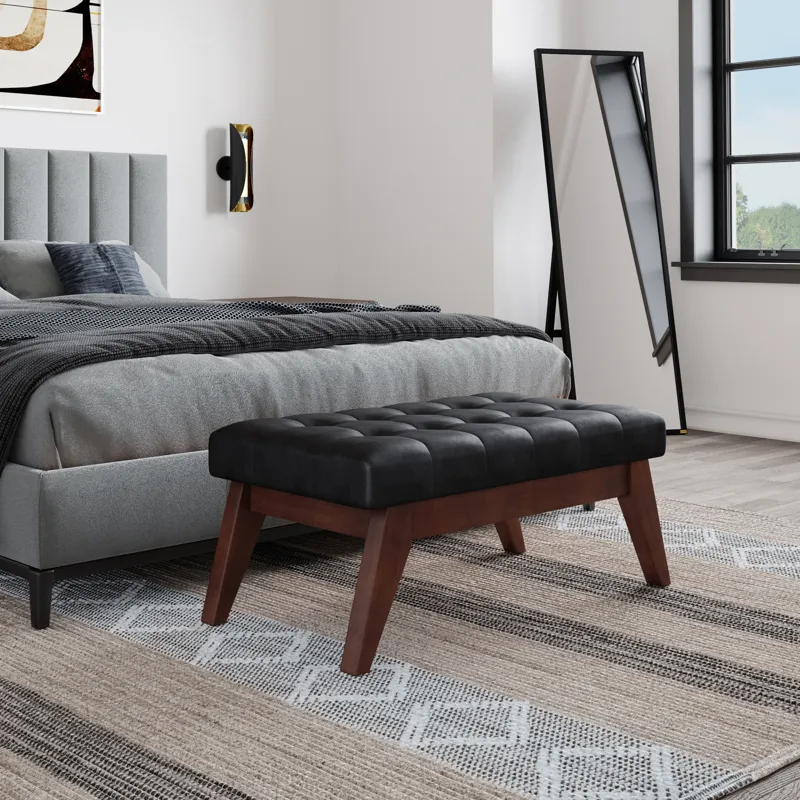 Draper - Mid Century Tufted Ottoman Bench - Distressed Black