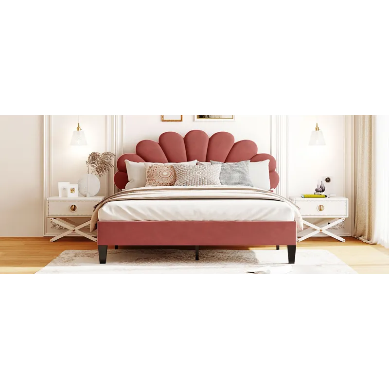 Queen Size Upholstered Platform Bed With Flower Pattern Velvet Headboard - Bean Paste Red