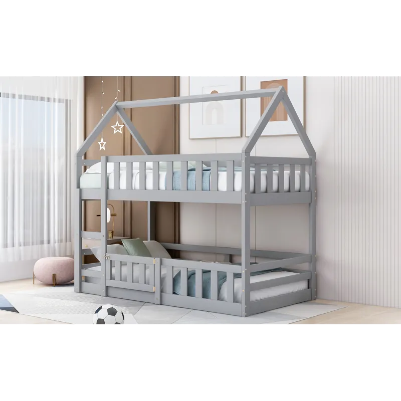 Twin Over Twin House Bunk Bed With Fence And Door - Gray
