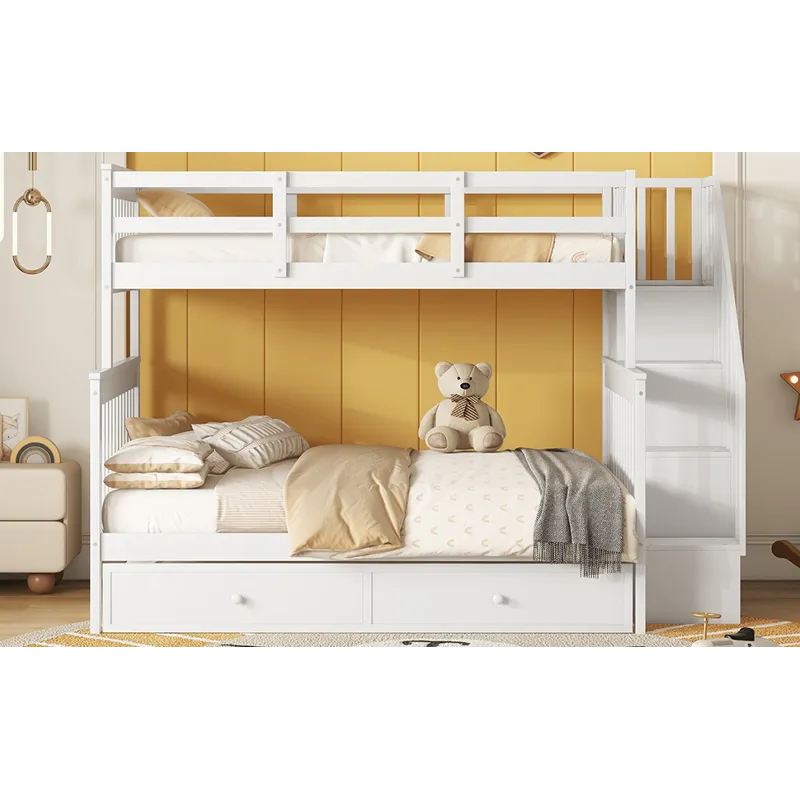 Twin Over Full Bunk Bed With Twin Size Trundle, Storage And Guard Rail For Bedroom, Dorm, For Adults