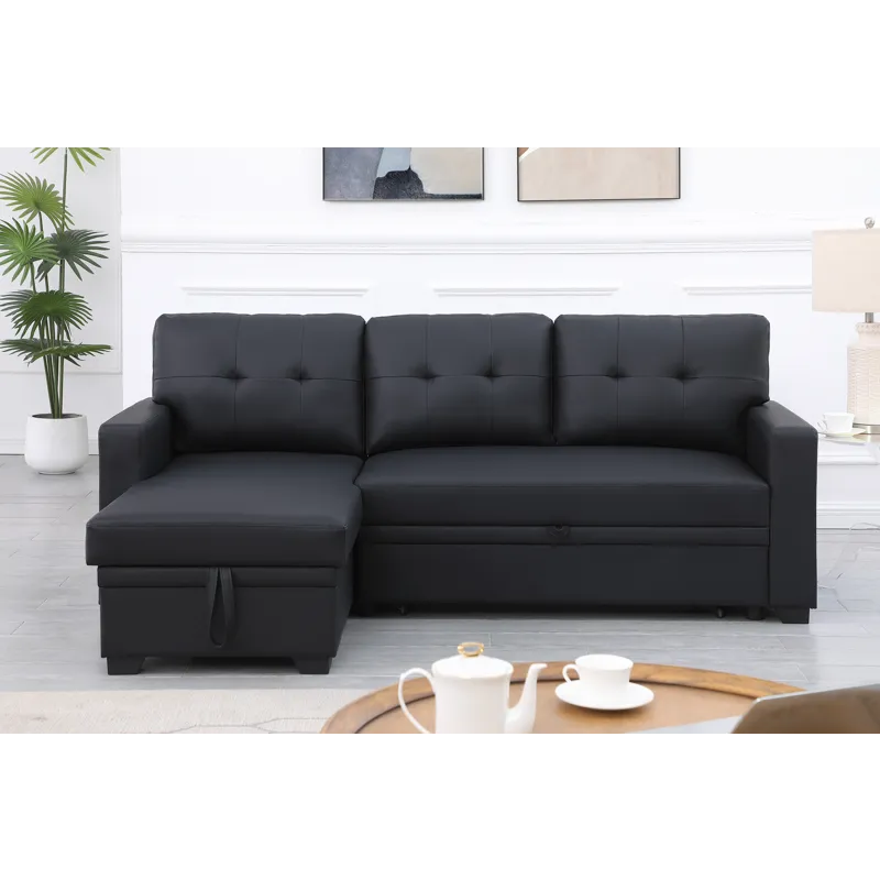 Upholstered Pull Out Sectional Sofa With Chaise - Black
