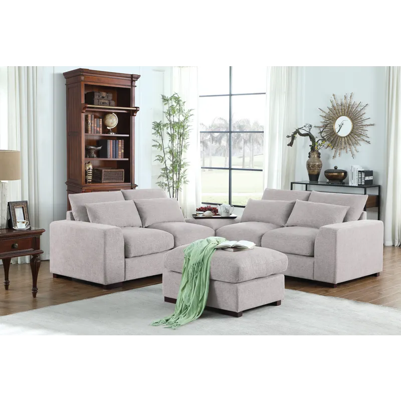 Tatman - Linen Blend Sectional With 2 Ottomans - Light Gray