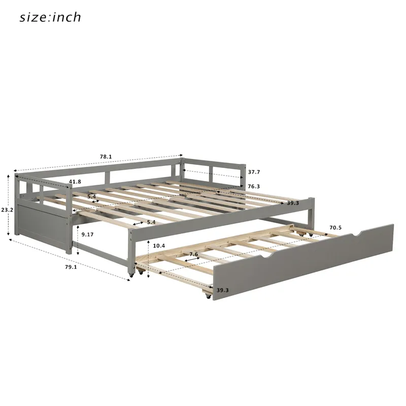 Extending Daybed With Trundle, Wooden Daybed With Trundle - Gray