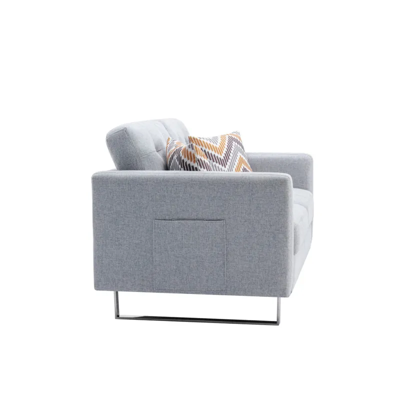Victoria - Linen Fabric Loveseat With Metal Legs, Side Pockets, And Pillows - Light Gray