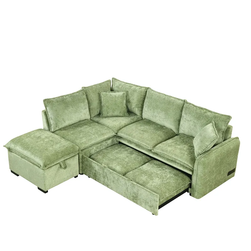 Convertible Sofa Bed Sectional Sofa Sleeper L-Shaped Sofa With A Storage Ottoman, Two Pillows, Two P