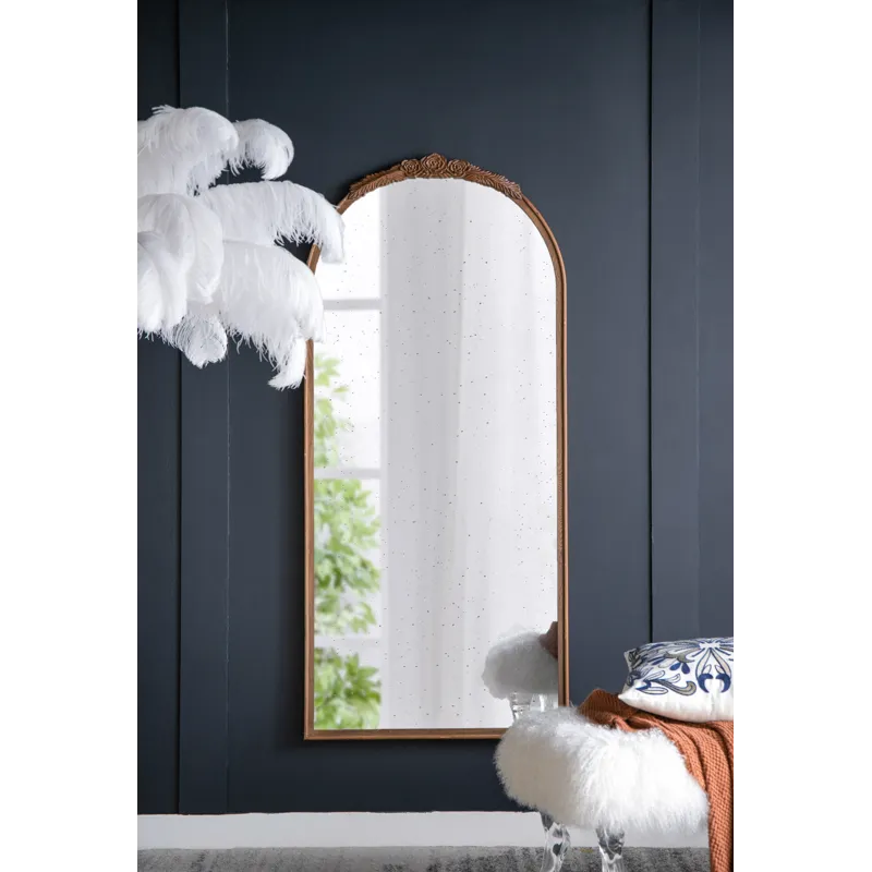 Hand Carved Rose Antique Mirror Frame, Large Arch Mirror Wall Decor For Living Room, Bathroom, Entry