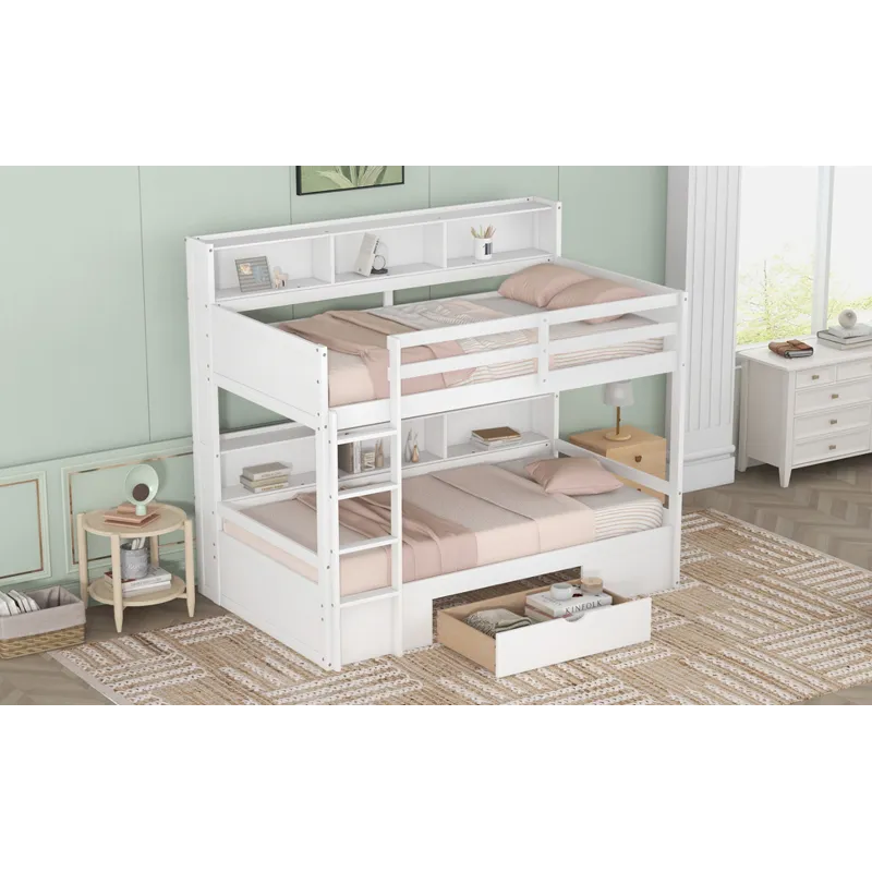 Twin Size Bunk Bed With Built-In Shelves Beside Both Upper And Down Bed And Storage Drawer - White