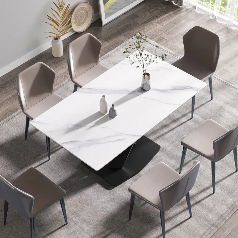 63\" Modern Artificial Stone Straight Edge Metal X-Leg Dining Table, 6 People - White / Black