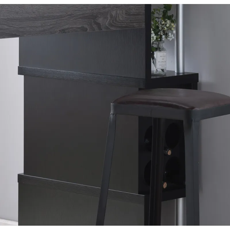 Home Bar Table With Wine Glass Compartment And Three Shelves - Distressed Grey & Black
