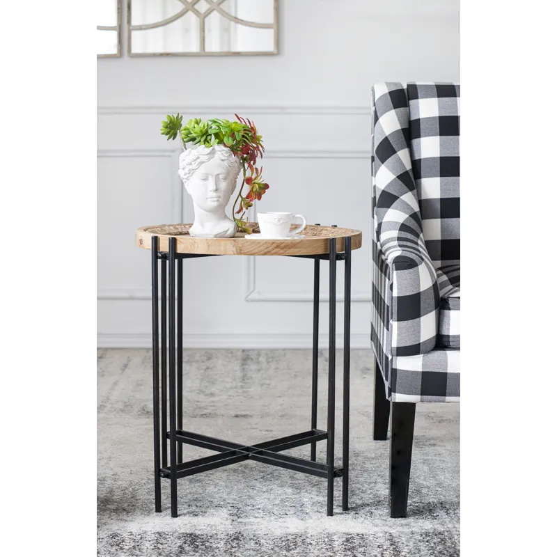 Round Side Table With Wood Top, End Table For Living Room Bedroom - Black Brown