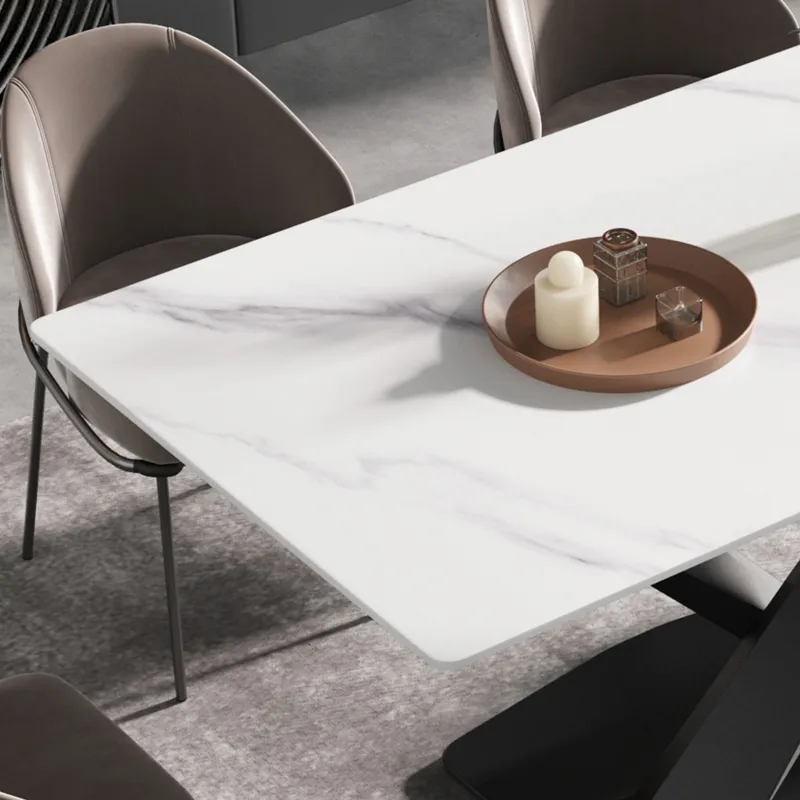 63\" Modern Artificial Stone Straight Edge Metal X-Leg Dining Table, 6 People - White / Black