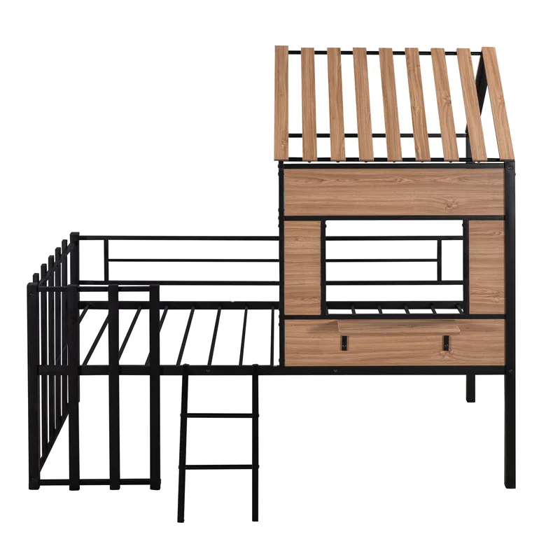 Twin Size Loft Bed With Roof, Window, Guardrail, Ladder Black