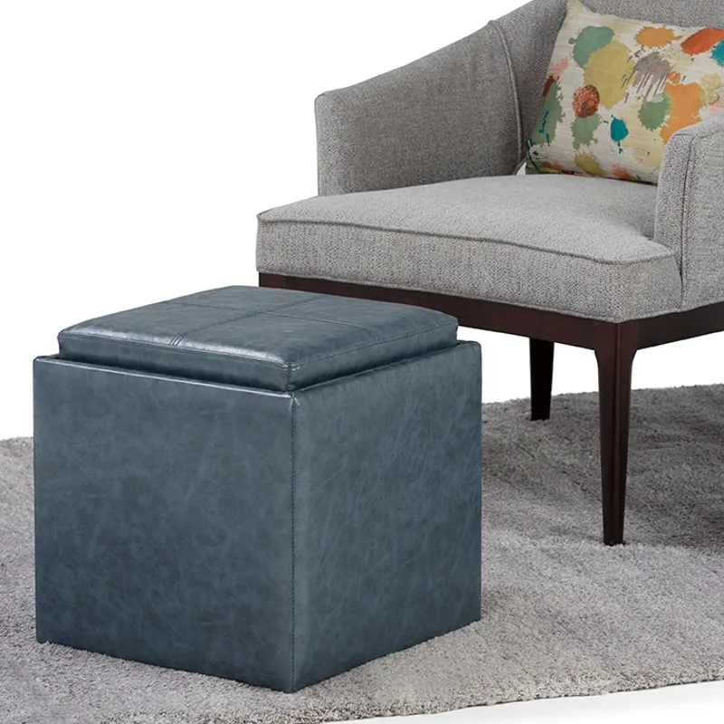 Rockwood - Cube Storage Ottoman with Tray - Denim Blue