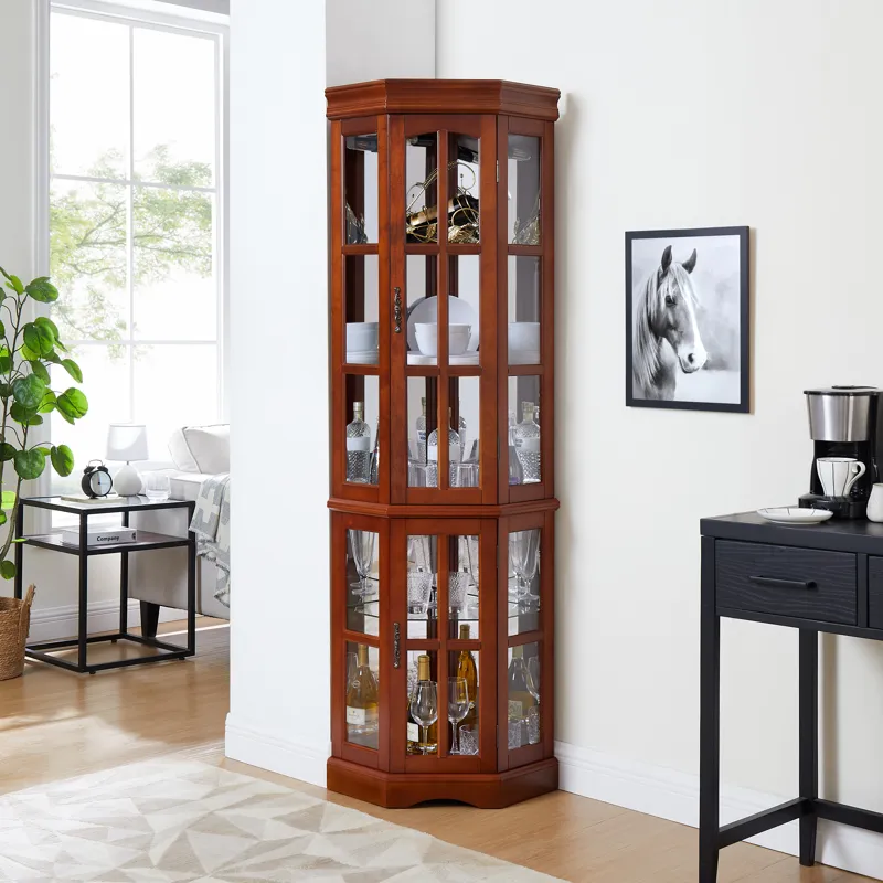 Corner Curio Cabinet With 5 Shelves And Lighting System (E26 Light Bulb Not Included) - Walnut