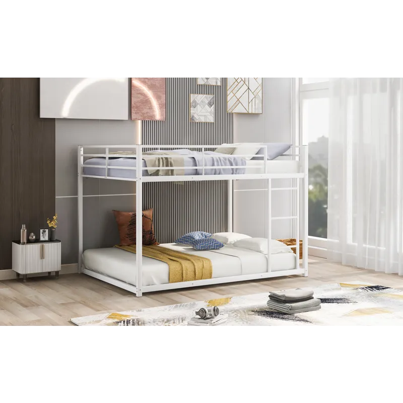 Full Over Full Metal Bunk Bed, Low Bunk Bed With Ladder - White