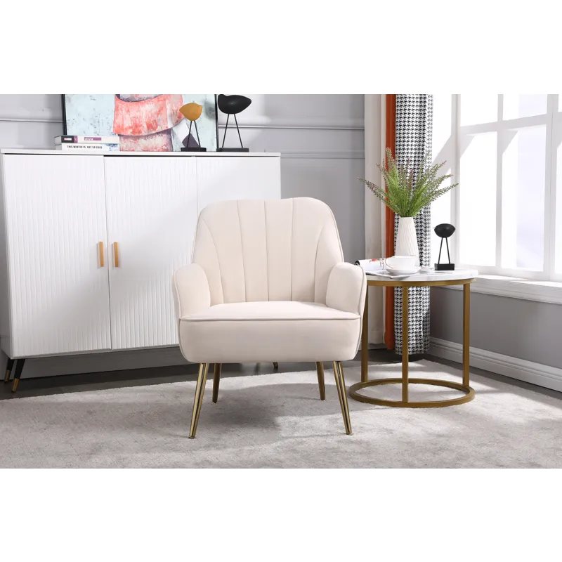 Modern Mid-Century Chair Velvet Sherpa Armchair For Living Room Bedroom Office - Beige
