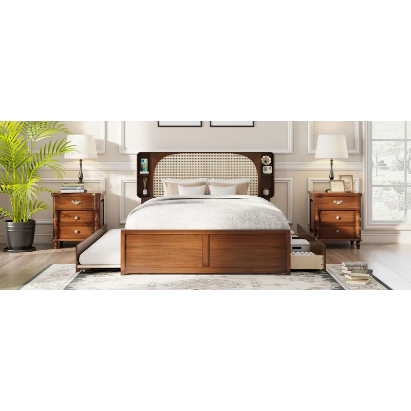 Queen Size Rattan Headboard Bed With Two Drawers And Trundle Walnut