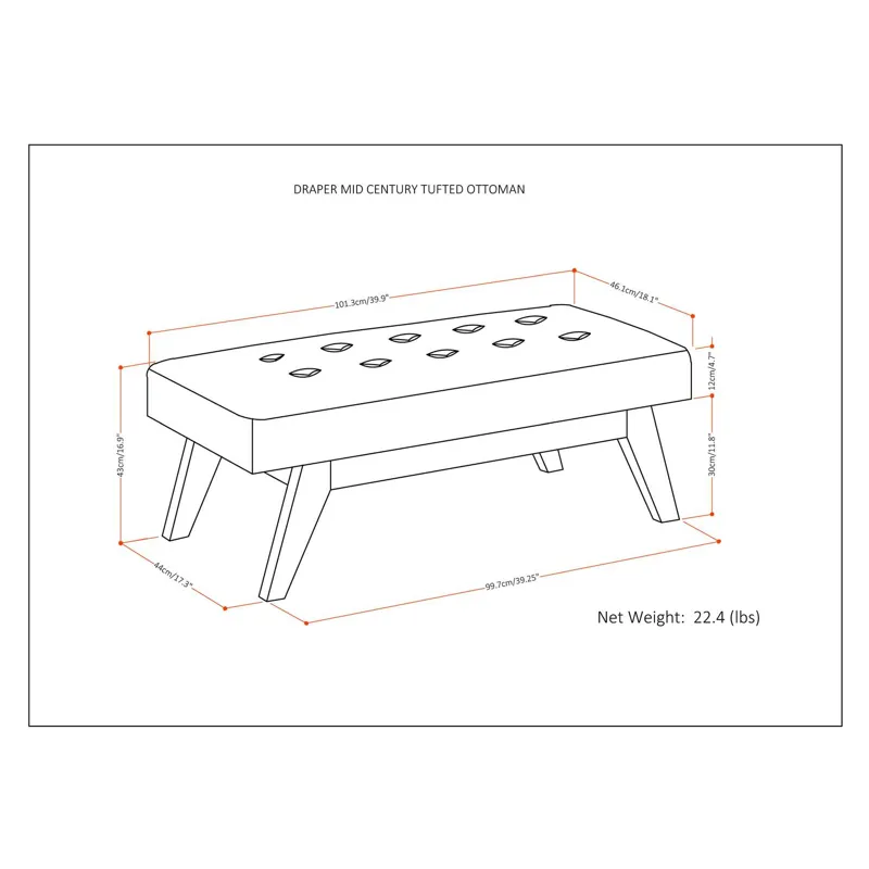 Draper - Mid Century Tufted Ottoman Bench - Distressed Black