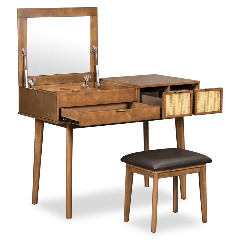 Classic Wood Makeup Vanity Set With Flip-Top Mirror And Stool, Dressing Table With Three Drawers And