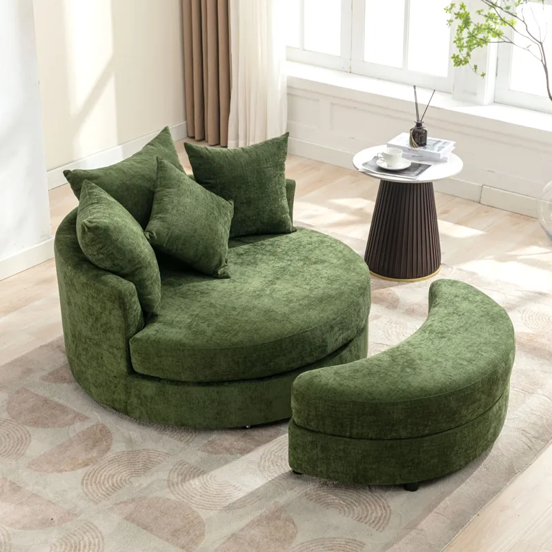 360° Swivel Accent Barrel Chair With Storage Ottoman & 4 Pillows, Modern Chenille Leisure Chair Roun