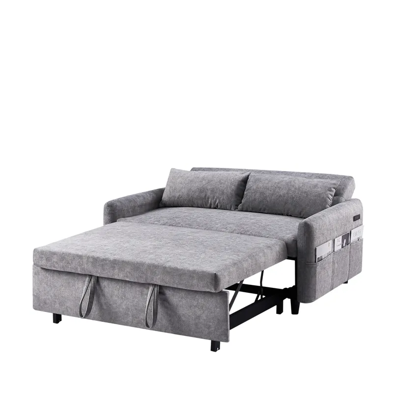 Pull Out Sleep Sofa Bed Loveseats Sofa Couch With Adjsutable Backrest, Storage Pockets, 2 Soft Pillo