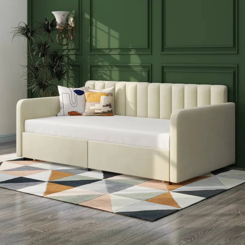 Flora - Twin Upholstered Daybed With 2 Drawers Ribbed Tufted Backrest in Lavish Modern Design - Ivor