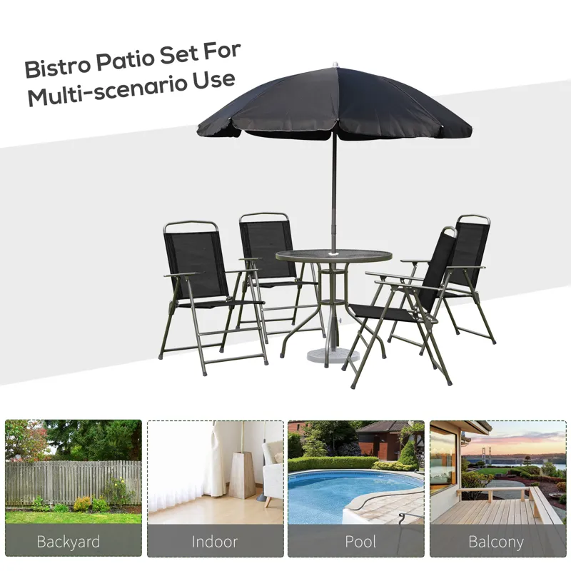 Outsunny - 6 Piece Patio Dining Set For 4 With Umbrella, Outdoor Table And Chairs With 4 Folding Din