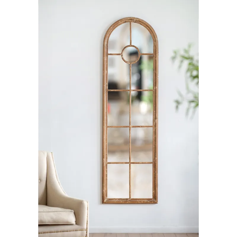 Half Round Elongated Mirror With Decorative Window Look Classic Architecture Style Solid Fir Wood In
