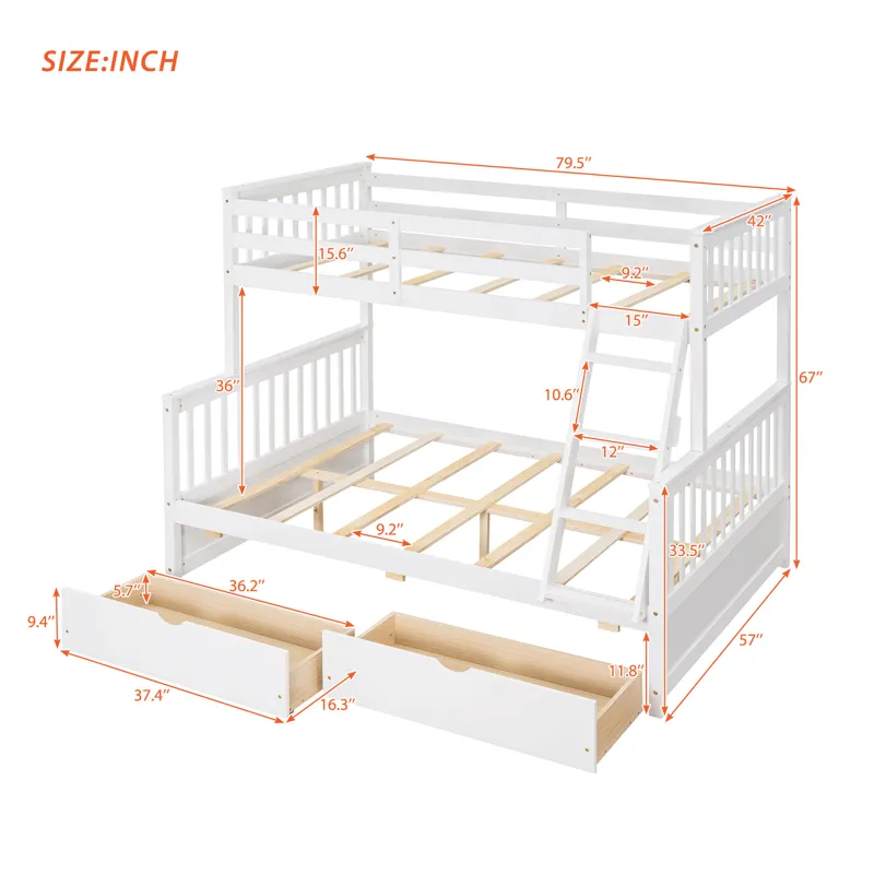 Twin Over Full Bunk Bed With Ladders And Two Storage Drawers - White