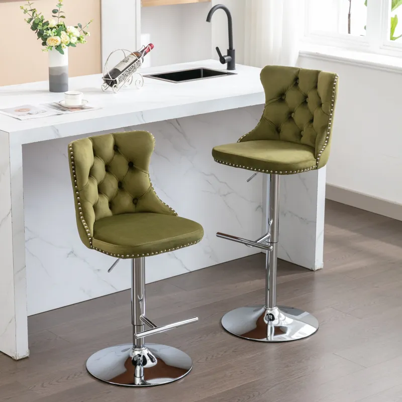 Swivel Velvet Barstools Adjusatble Seat Height From 25-33\", Modern Upholstered Chrome Base Bar Stoo