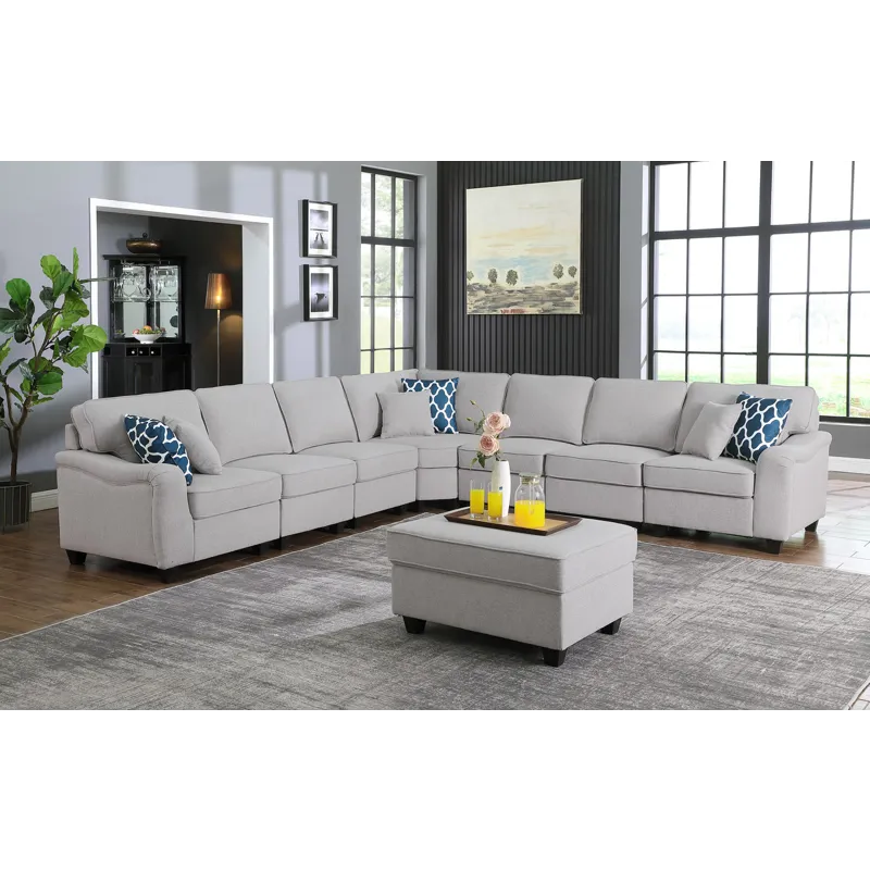 Leo - 8 Piece Modular L-Shape Sectional Sofa And Ottoman - Light Gray Linen