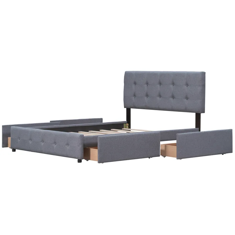 Queen Size Upholstered Platform Bed With Classic Headboard And 4 Drawers, No Box Spring Needed - Dar