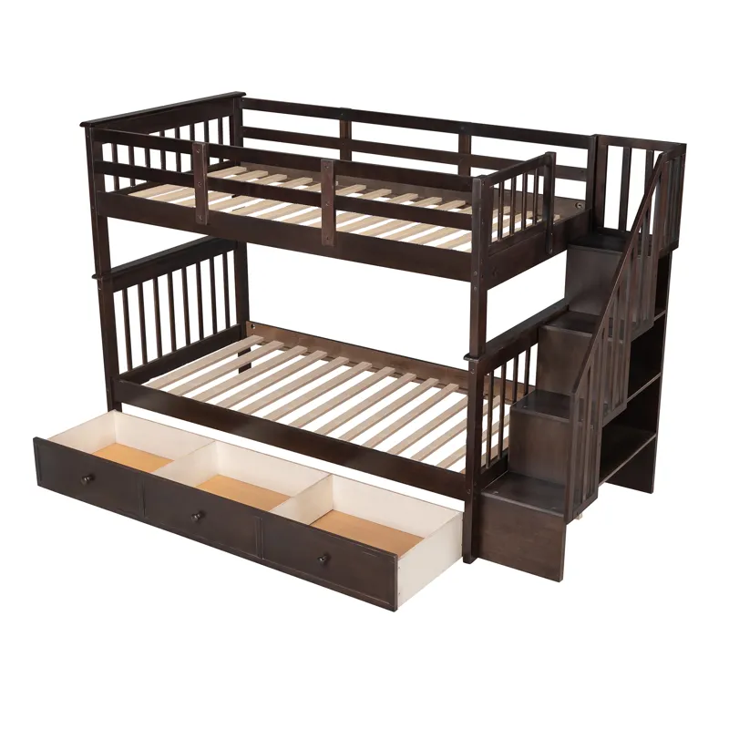 Stairway Twin Over Twin Bunk Bed With Three Drawers For Bedroom, Dorm - Espresso