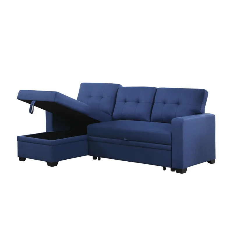 Upholstered Pull Out Sectional Sofa With Chaise - Blue