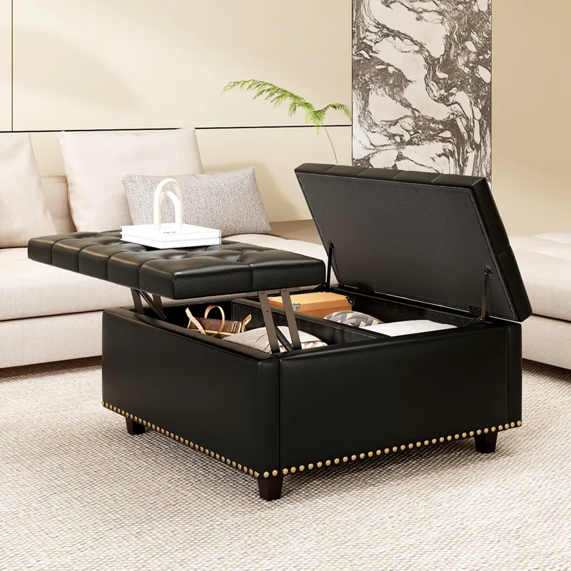 Large Square Storage Stool With Two Storage Doors, Footstool For Living Room Studded Mid-Century Mod