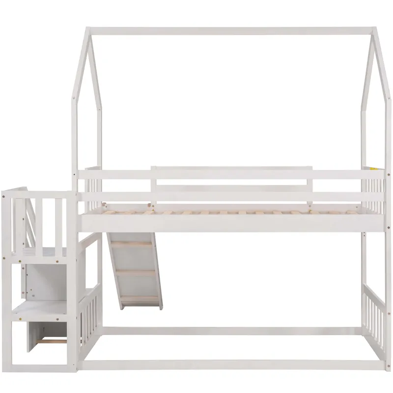 Twin Over Twin House Bunk Bed With Convertible Slide, Storage Staircase - White