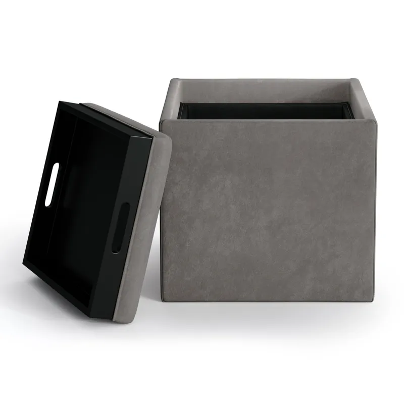 Rockwood - Cube Storage Ottoman with Tray - Distressed Slate Grey