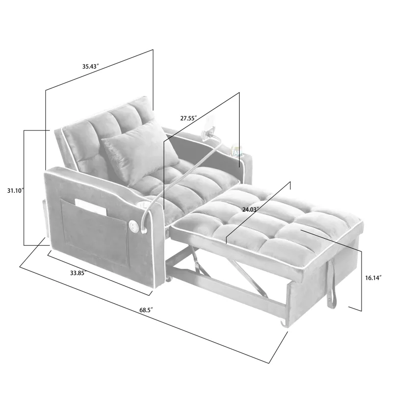 Convertible Sleeper Chair Sofa Bed Adjustable Pull Out Sleeper Chair Bed Multi-Pockets Folding Sofa 