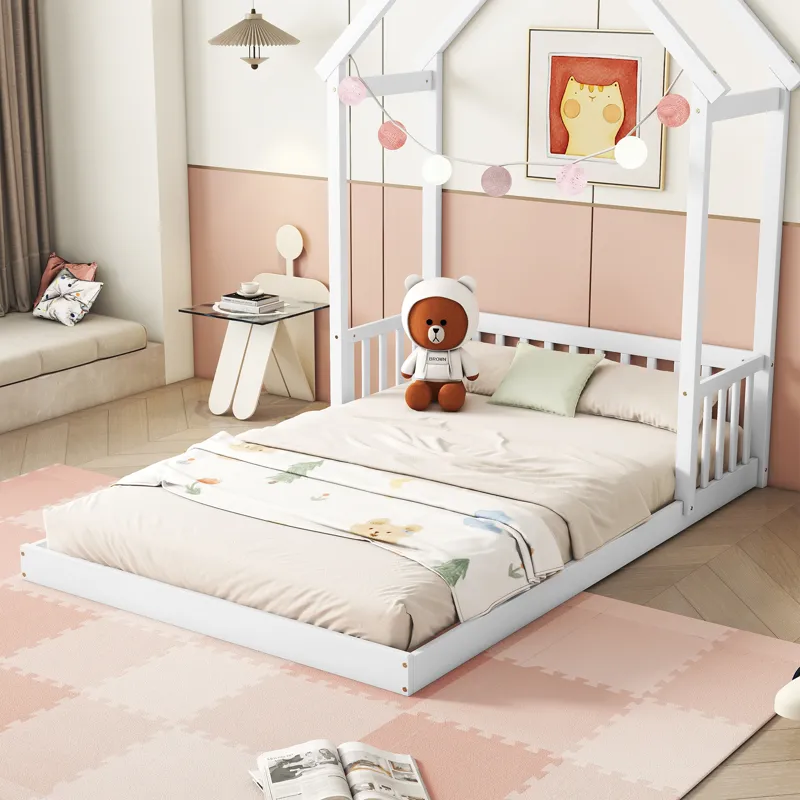 Full Roof-Framed Headboard Floor Bed With Headboard Guardrails - Without Slats White