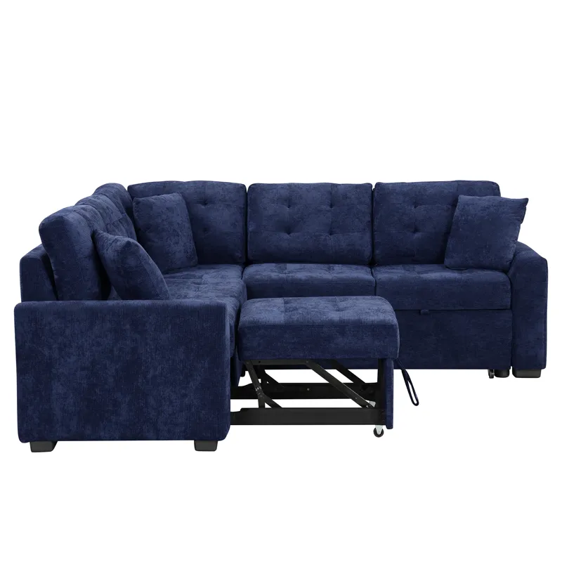 L-Shape Sofa Bed Pull-Out Sleeper Sofa With Wheels, USB Ports, Power Sockets For Living Room - Navy 
