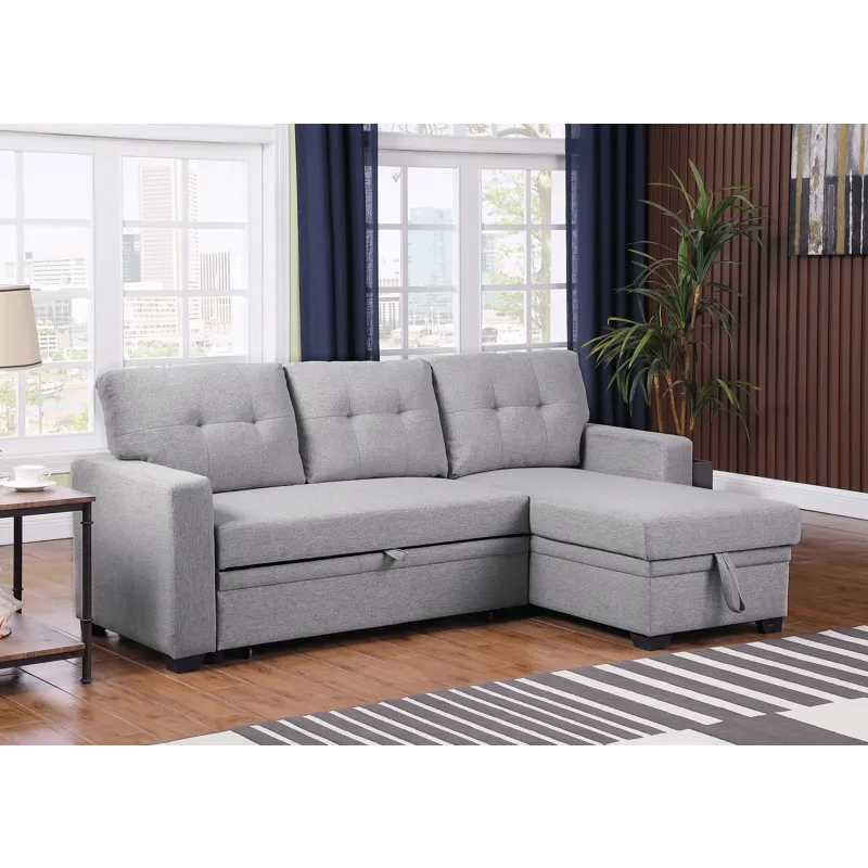 Upholstered Pull Out Sectional Sofa With Chaise - Light Gray