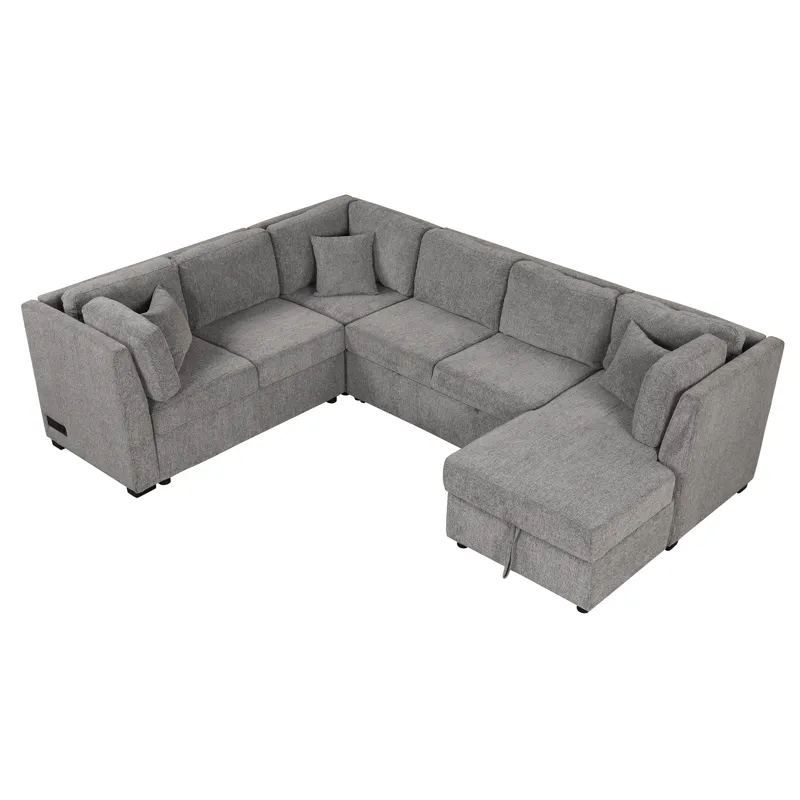 U-Shaped Sectional Sofa Pull Out Sofa Bed With Two USB Ports, Two Power Sockets, Three Back Pillows 
