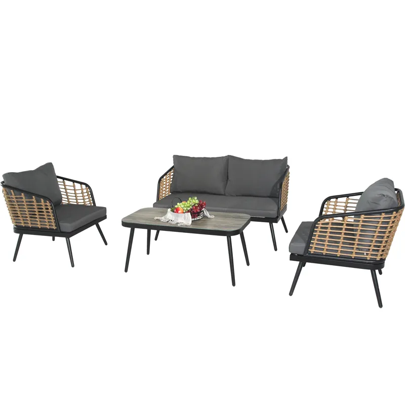4 Pieces Patio Furniture Set, PE Rattan Wicker With Washable Cushion And Tempered Glass Tabletop, Co