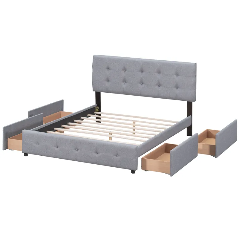 Queen Size Upholstered Platform Bed With Classic Headboard And 4 Drawers, No Box Spring Needed - Lig
