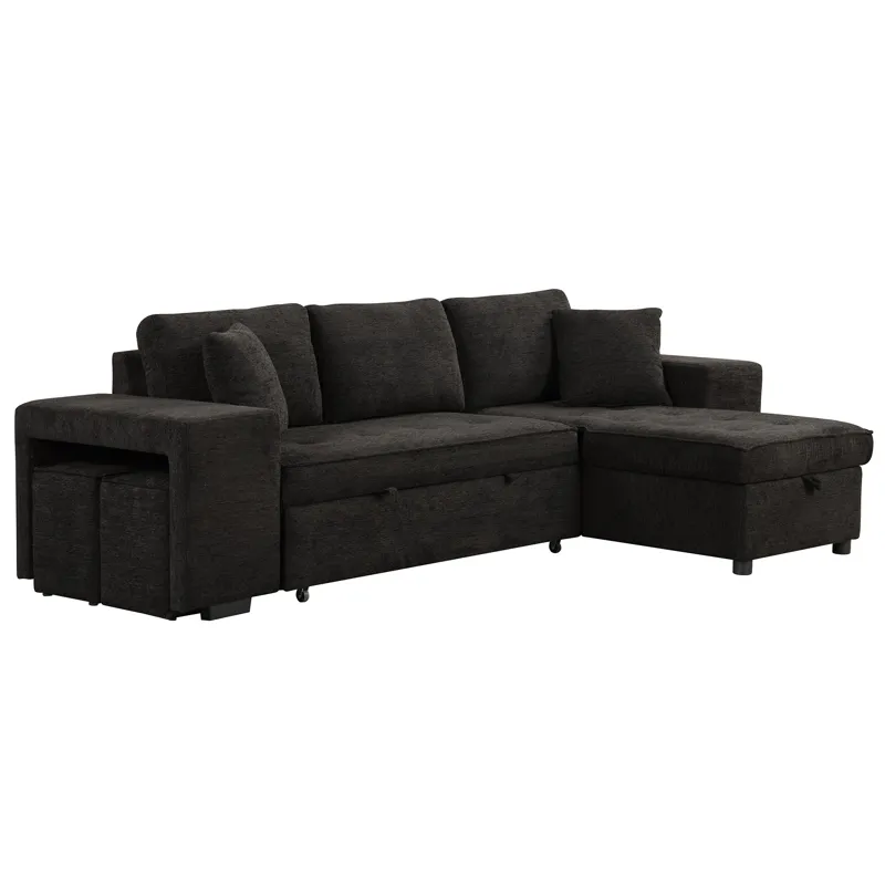 Modern L-Shape 3 Seat Reversible Sectional Couch, Pull Out Sleeper Sofa With Storage Chaise And 2 St