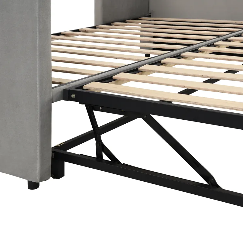 Twin Size Upholstered Daybed With Pop Up Trundle - Gray
