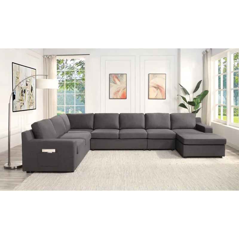 Waylon - 7-Seater U-Shape Sectional Sofa Chaise With Pocket - Gray