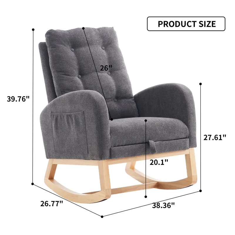 Accent Rocking Chair With Footrest High Back Rubber Wood Rocking Legs Bedroom Living Space - Gray